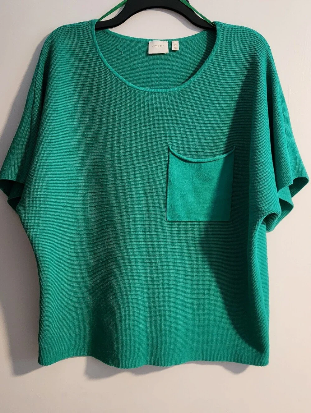 Cyrus Shamrock Green Short Sleeve Knit Top with Front Pocket